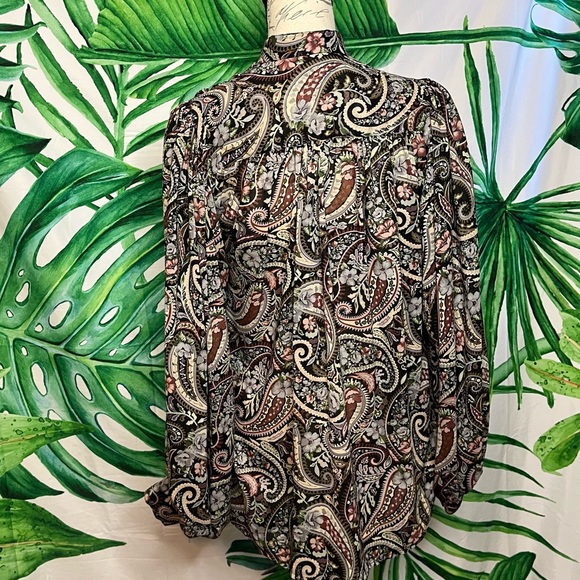 Vintage Sz 6 Brown Multicolor Paisley Maximalist Flowy Office Dressy Blouse - Picture 2 of 10